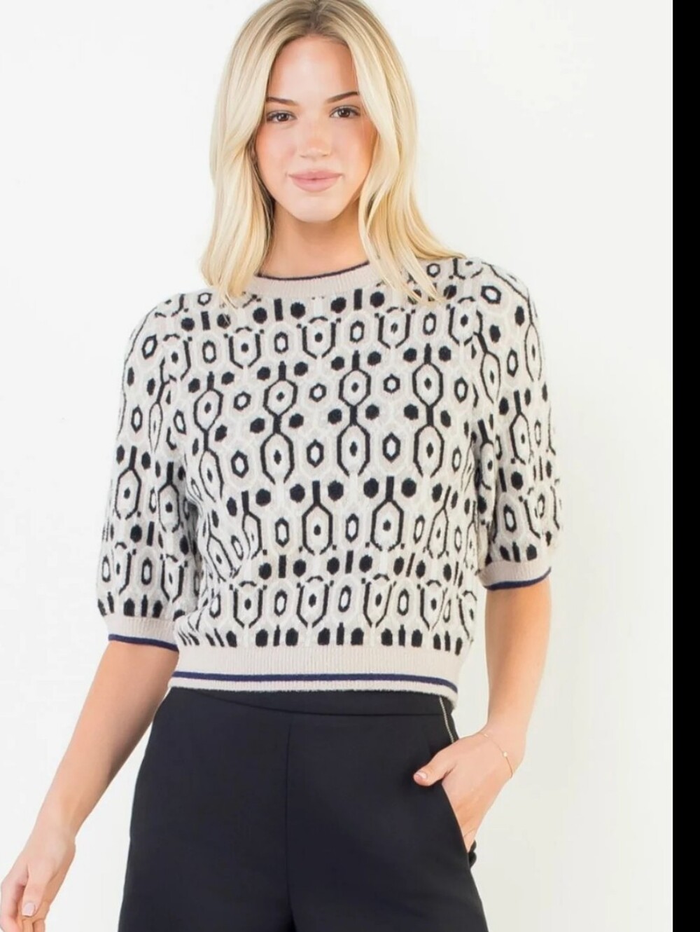 THML Cream & Black Geometric Knit Top